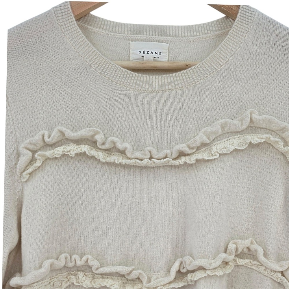 Sezane Womens L Andreas Wool Cashmere Ruffle Sweater in Ecru - Picture 3 of 13